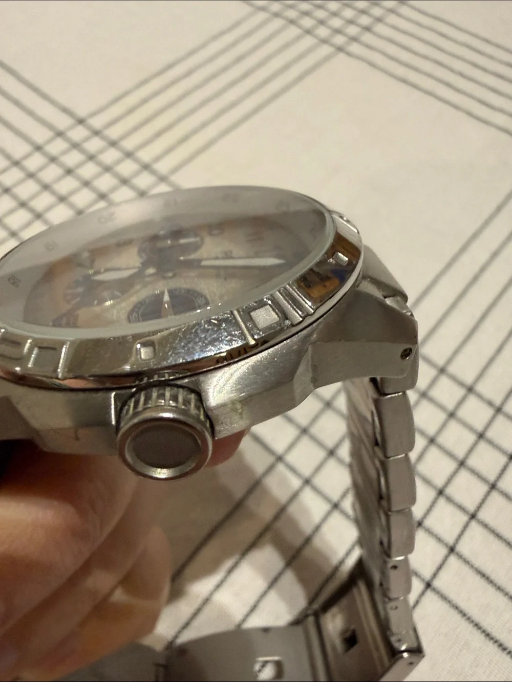 Fossil Silver Watch with White Dial and Blue Subdials